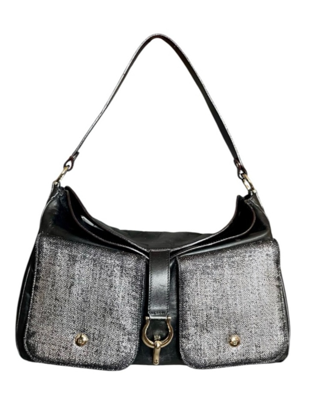 Kate Spade Vintage Toggle Closure Black Leather w/ Silver Metallic Shoulder Bag